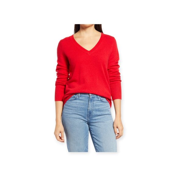 NWT $98 Halogen Red Bloom 100% Cashmere Knit Red V-Neck Sweater - Size L - Picture 2 of 5